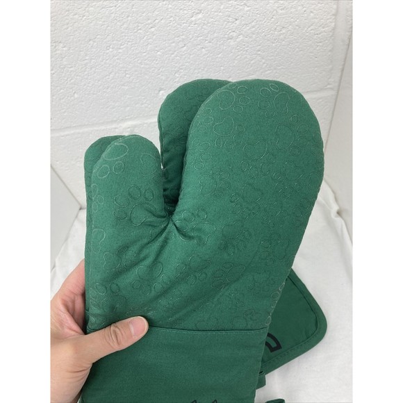 Green Cotton Silicone Paw print Cat Oven Mitts and Potholders Set Grill Glove - Picture 6 of 16